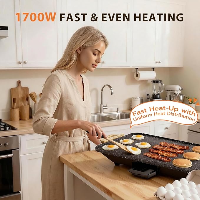 CookSimple Everyday 20x12 Inch Electric Griddle with 1700W Fast Even Heating&ILAG Granite Nonstick Surface – Large Flat Griddle Perfect for Family Meals, Pancakes–Easy to Clean, Granite Black