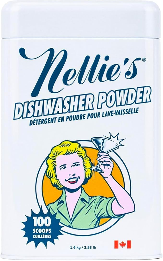 Nellie's Dishwasher Powder - Tough on Food Residue, Plant-Based Ingredients, Spotless Clean, High-Efficiency Dishwashing Solution - 100 Scoop Tin - (Made in Canada)