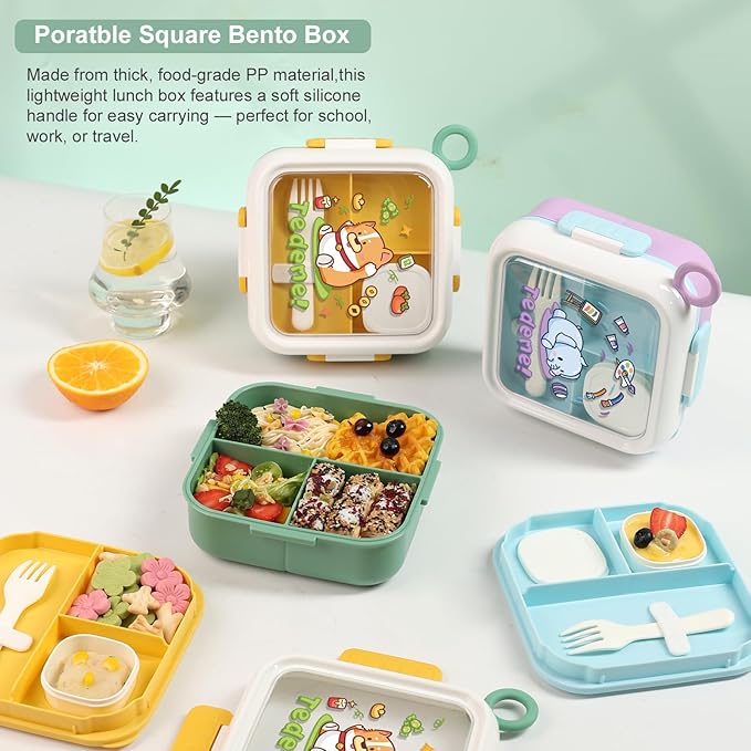 Bento Box for Kids & Adults – Cute Cartoon 2-Layer Lunch Box with Fork, Sauce Cup & Brush, BPA-Free, 3-Compartment Square Snack Container with Handle for School, Office, or Travel (Green)