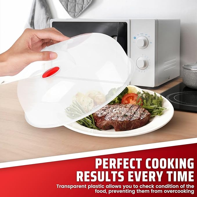Flexzion 11.5 Inch Microwave Splatter Cover - BPA-Free Anti-Splatter Microwave Cover with Adjustable Steam Vent, Dishwasher Safe, Transparent Plastic Food Covers for Microwave Cooking