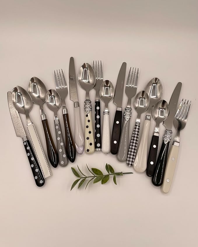 The Original Brink House Eclectic Black & White Mix & Match Stainless Steel Cutlery Set / 16 pieces with Metal Stand/Lifestyle utensils set for home, first apartment, dorm, dinner parties