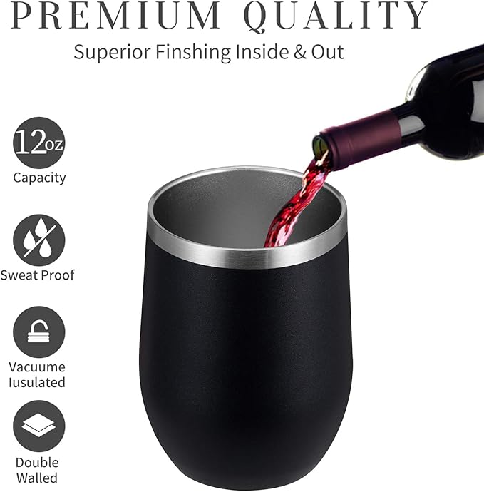 MEWAY 12oz Wine Tumbler 16 Pack Bulk Gifts for Women,Double Wall Vacuum Stainless Steel Travel Mug with Lid,Insulated Stemless Wine Cup Glass for Coffee,Cocktails,Drinks(Black,Set of 16)