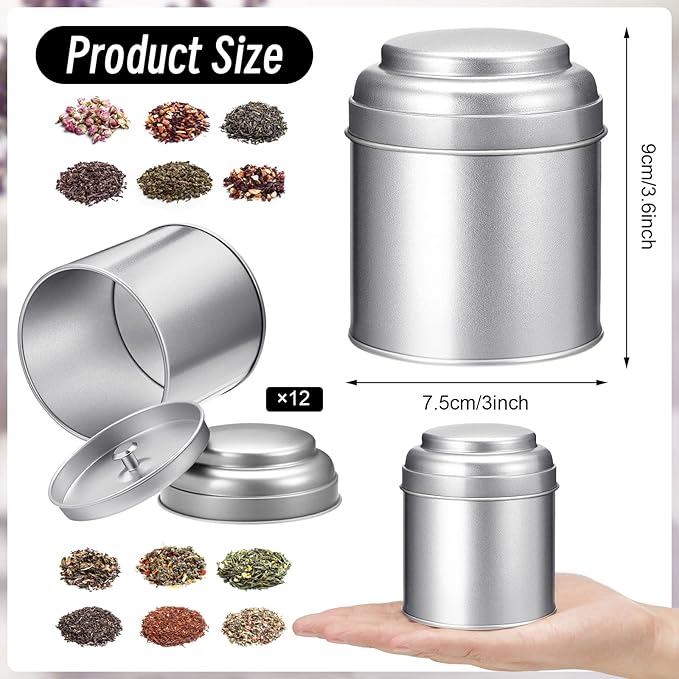 Meanplan 12 Pcs Tea Tin Canister with Airtight Double Lids Round Tin Can Box Small Kitchen Tea Canister Loose Leaf Storage Containers for Loose Bags Coffee Sugar Candy Spices(Silver,8 oz)