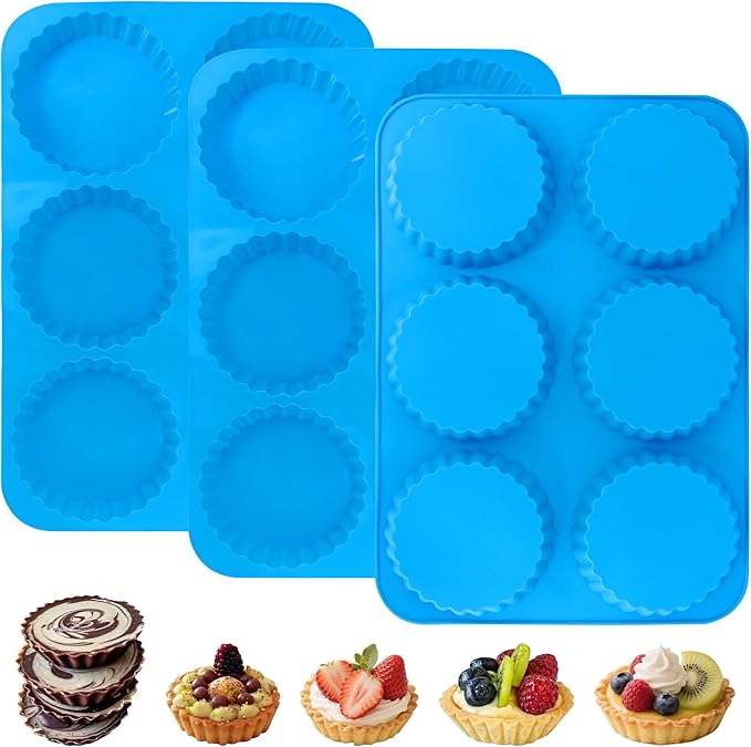 Sidosir 3Pcs 4 Inch Tart Cake Pan Mold, Mini Peanut Butter Cup Molds Silicone, Non-Stick Chocolate Mold for Making Brownies, Silicone Round Molds Corrugated Side for Cupcakes