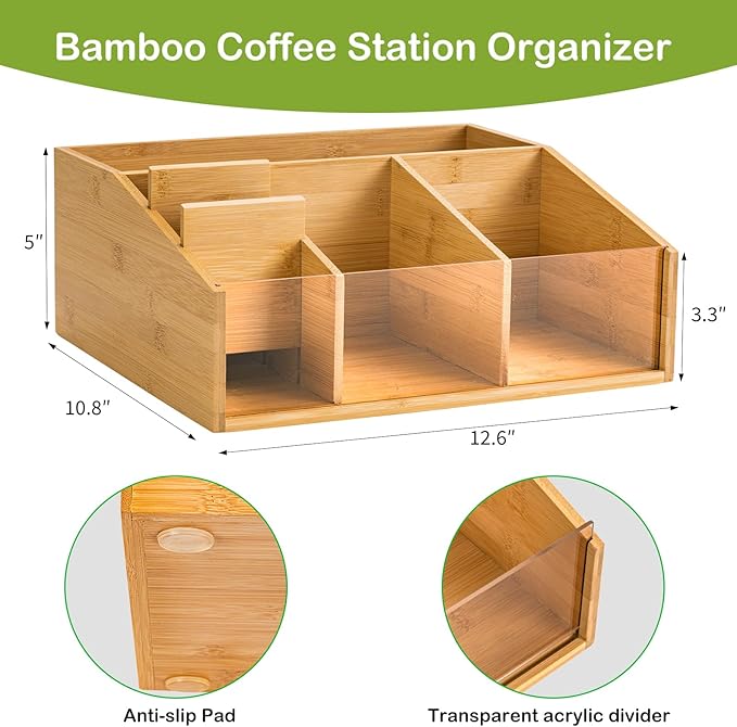 Bamboo Coffee Station Organizer for Countertop, Coffee Bar Accessories Organizer with 6 Compartments for Tea Bags Condiment, Pods, Creamer, Syrup, Cups
