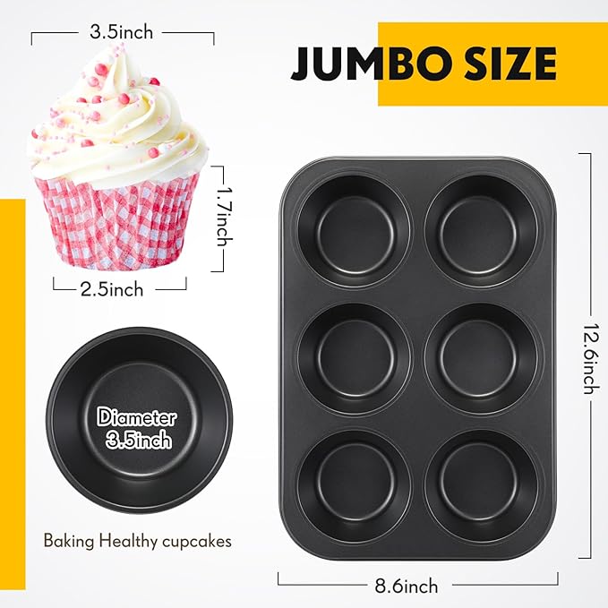 Blushtier 6 Pack Nonstick Jumbo Muffin Baking Pan Muffin Tins Heavy Duty Cupcake Tin Gold Carbon Steel Cup Cake Tray for Baking Cupcakes, Dishwasher Safe Small Muffins Tarts(Jumbo,Black)