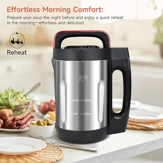 Homtone Soup Maker 2L, Makes 2-6 Servings, 6-in-1 Multifunctional Smooth and Chunky Soup Machine Cooker, Electric Bleander for Homemade Soups, Stainless Steel