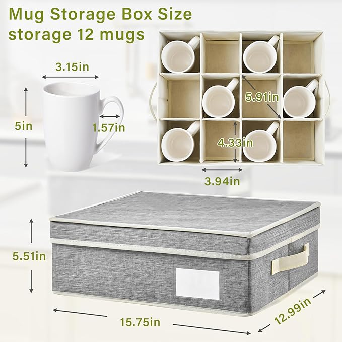 2 Pack Mug Storage Box with Dividers,Grey Cup Organizer for Tea Cup,Coffee Mug,Glass Cups,Coffee Cup Storage with Handles,Stackable Storage Case with Hard Shell Dividers,Each Holds 12 Cups