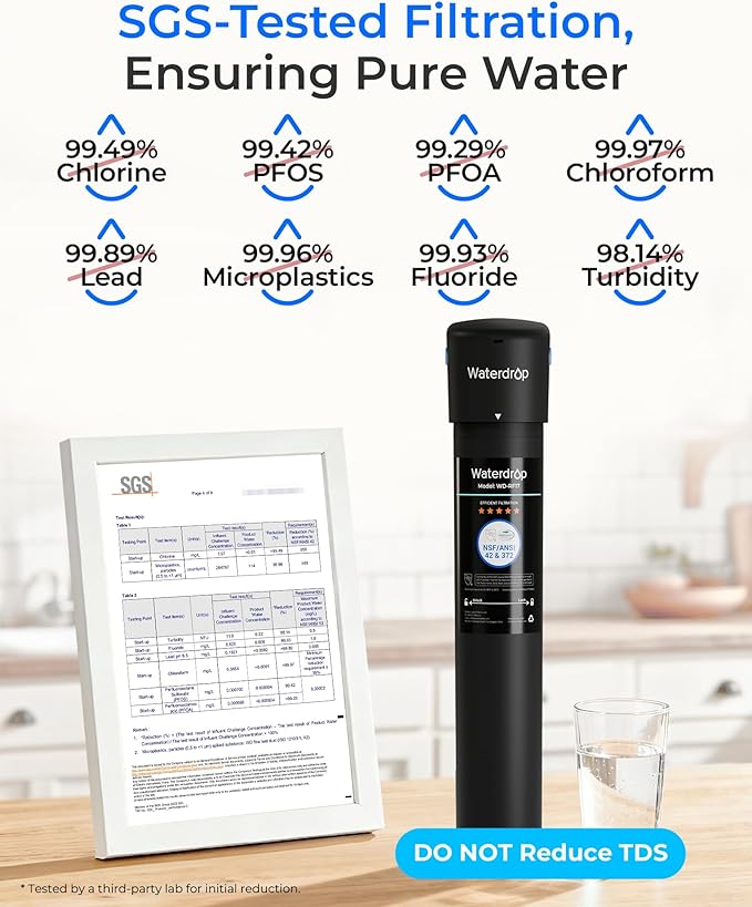Waterdrop 17UA Under Sink Water Filter, 3 Years, Under Sink Water Filtration System, Reduces PFAS, PFOA/PFOS, Lead, Chlorine, Under Sink Water Filter, NSF/ANSI 42 Certified