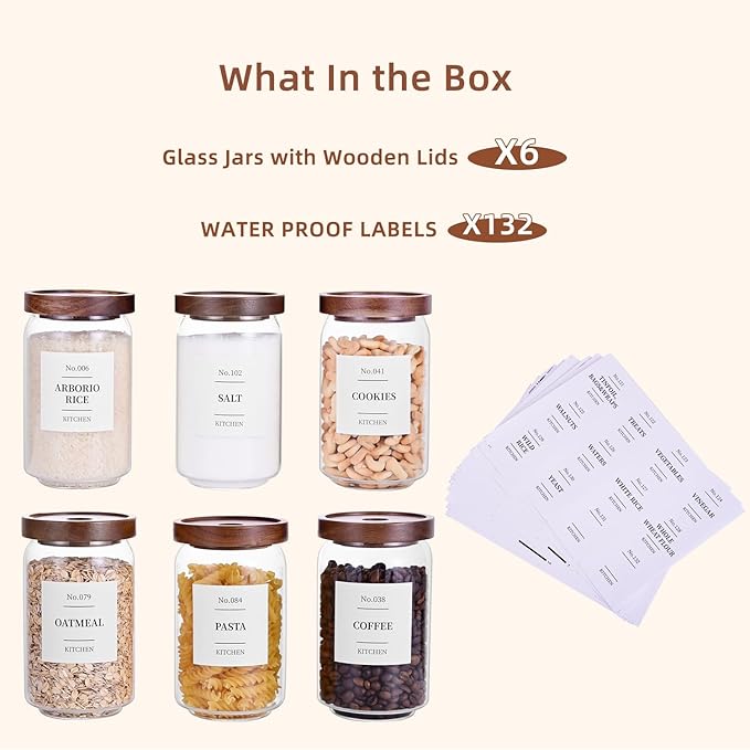 Tzerotone Glass Pantry Storage Jars with Acacia Airtight Lid, 25oz Clear Kitchen Canisters with Wood Lid, 6 Set with 132 Labels for Tea, Sugar, Spice, Herbs