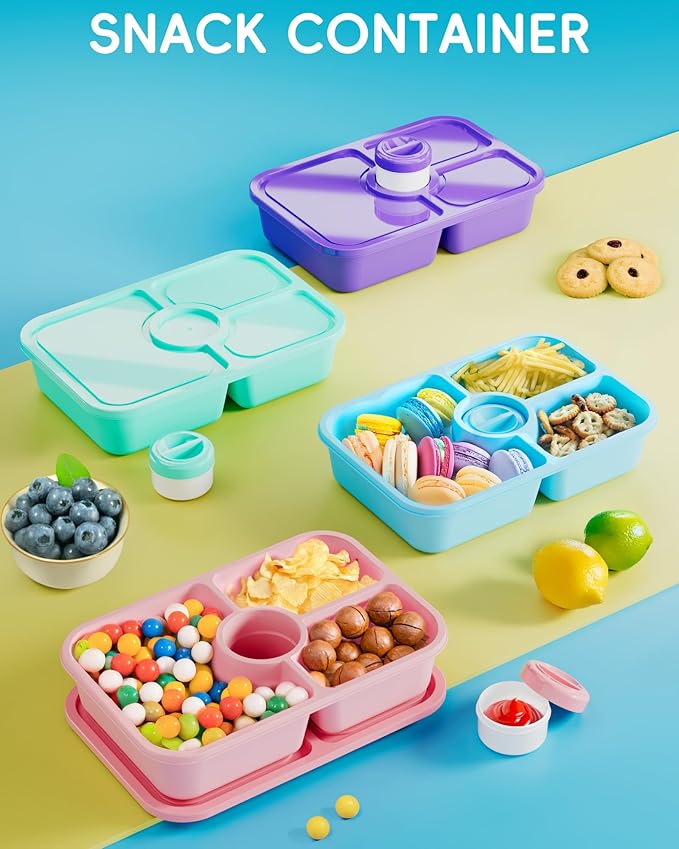 Canfanni 4 Pcs Bento Snack Box Containers, 4 Compartment Divided Stackable Food Storage Containers with Lids, Meal Prep Lunch Container with Sauce Cups