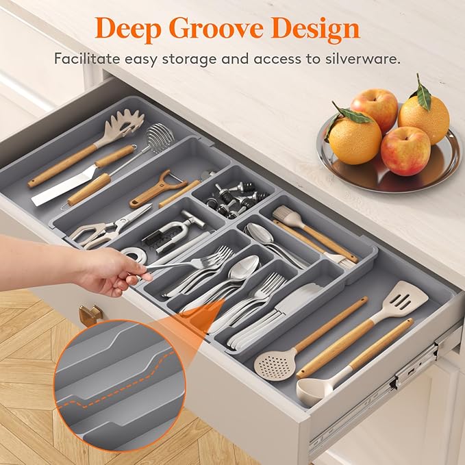 Lifewit Utensil Organizer for Kitchen Drawer, Expandable Cooking Silverware Tray, Adjustable Cutlery Flatware Holder, Plastic Spatula Tools Storage Divider, 21.3- 36 x 16.9", Gray