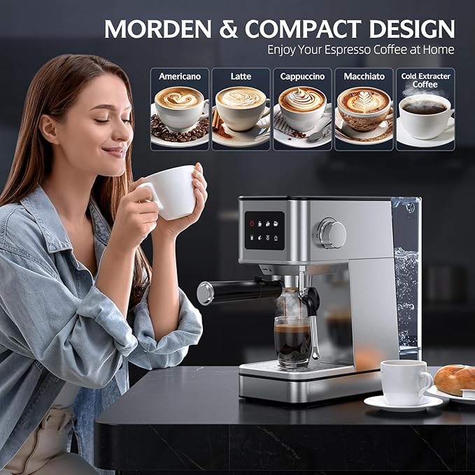 20 Bar Espresso Machine with Milk Frother, Stainless Steel Coffee Maker with Touch Screen & Cold Brew, 45s Fast Heat Small Cappuccino & Latte Machine with 57.5oz Removable Water Tank for Home, Silver