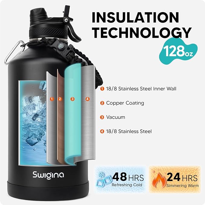 Swigina 1 Gallon Insulated Water Bottle with Silicone Boot (48hrs Cold/24hrs Hot) - DIY Stickers, Leakproof, BPA Free, 128 oz [2-IN-1 LID]