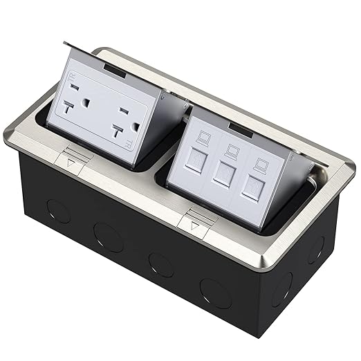 KYHSHJ Dual Pop-Up Floor Electrical Outlet Box Kit，20 Amp Stainless Steel TR Tamper-Resistant Duplex Receptacle Outlet，3-Port RJ45 Datacom Receptacle，ETL Listed,Stainless Steel Color