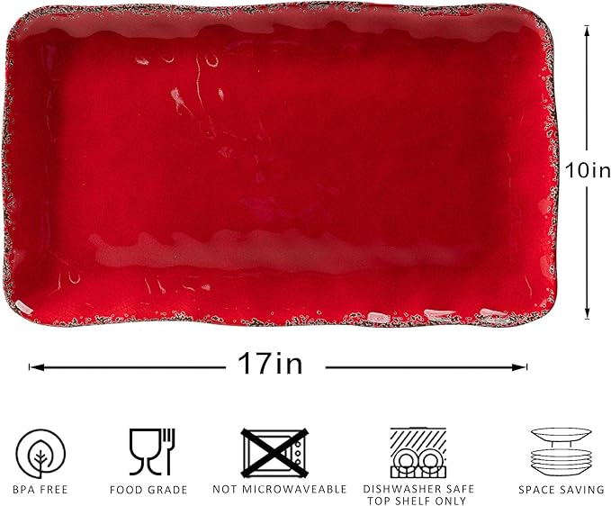 Melamine Serving Platters, set of 2, 17" x 10" Large Reusable BPA Free Rectangular Party Tray/Platters for Serving Appetizers, Fruits On Christmas and all Occasions,Red