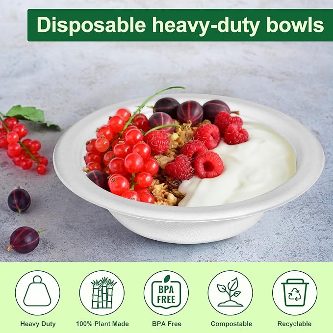 Paper Bowls 12oz, Disposable Bowls Heavy Duty, 250-Pack 100% Compostable Disposable Soup Bowl, Biodegradable Bagasse Hot Food Plates and Bowls -White