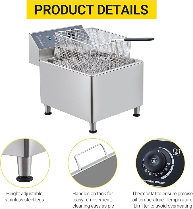 GarveeHome Commercial Deep Fryer 11 L/3.3 gal 1700W,110V|6 LB Basket with 304 Stainless Steel & Rapid Heating System | Splash Guard Lid for Restaurant, Food Truck, Home Kitchen
