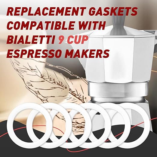 6 Pcs Gasket Seal Rings for Bialetti Moka Express Dama 9 Cups - Spare Food Grade Silicone Sealing Rings for Aluminium Stovetop Coffee Maker Pots (Better Than Rubber)