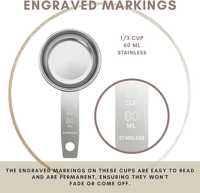 1/3 Cup Stainless Steel Measuring Cup | Sturdy Metal 80 ml | 80 cc | 3 oz | Single Cup for Wet and Dry Ingredients | Great for use as 1/3 Cup Dog Food Scoop - 4 PK