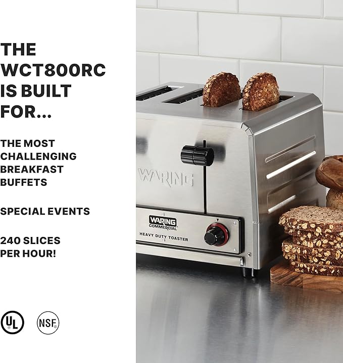 Waring Commercial WCT800RC 4-Slice Heavy Duty Commercial Pop-Up Toaster, 120V, 1800W, 5-15 Phase Plug