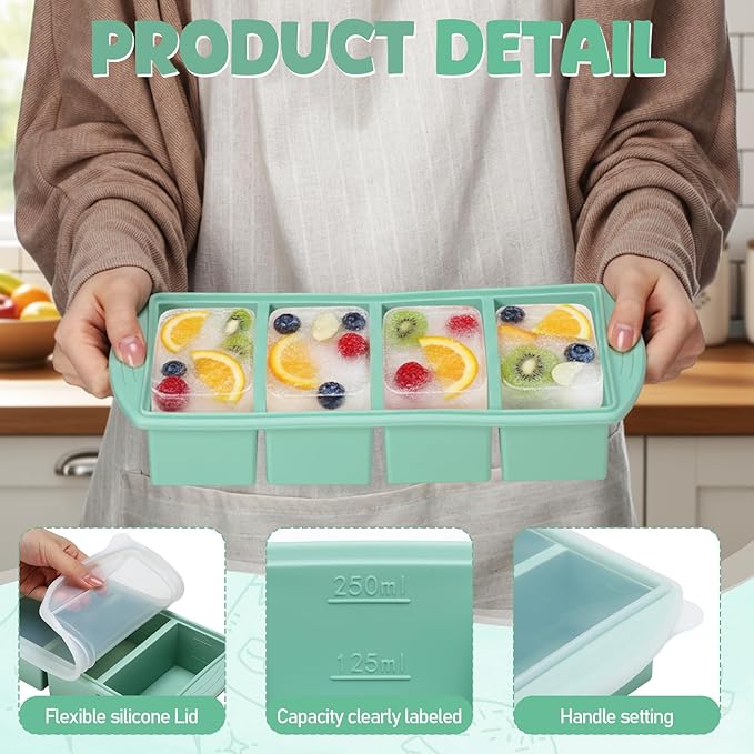 4 Pack Silicone Freezer Trays with Lid, 1/5, 1/2, 1, and 2 Cup Soup Freezer Molds Set Stainless Steel Frame Ice Cube Tray for Meal Prep Freezing Soup Stews Sauces Oven Microwave Safe(Green)