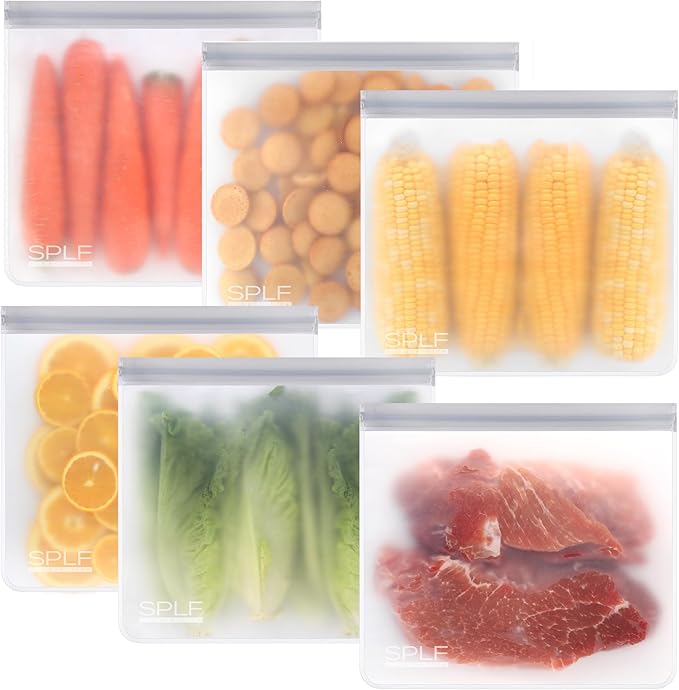 SPLF 6 Pack Reusable Gallon Freezer Bags Dishwasher Safe, BPA FREE Reusable Food Storage Bags, Extra Thick Leakproof Silicone Free 1 Gallon Bags for Marinate Meat, Cereal, Sandwich, Snack, Travel Item