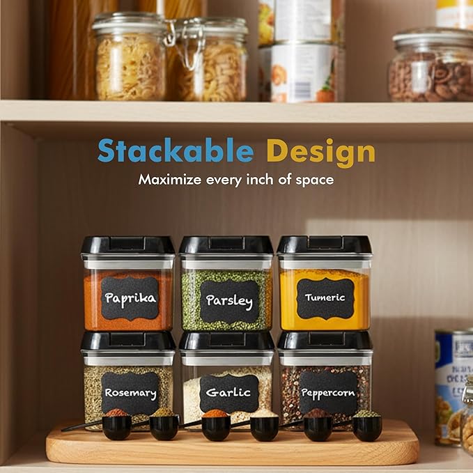 Shazo 6 PC Airtight Food Storage Containers + 6 Spoons Included - BPA Free Plastic Snack & Spice Containers with Easy Lock Lids - Kitchen and Pantry Organization for Herbs Coffee Tea - 0.5L / 2.1 Cup