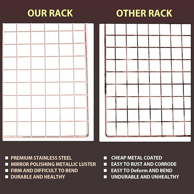 BRIOUT Cooling Rack for Baking, 16x10 Inches Baking Rack, Thick Wire Cookie Rack for Cooking, Roasting, Grilling, Drying, Oven Safe, Fits Half Sheet Pan, Rose Gold