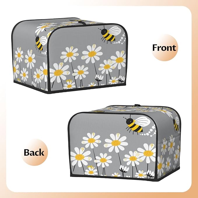 Toaster Cover 4 Slice Cute Bee Daisy Floral Waterproof Appliance Cover with Hang Loop Bread Baker Toaster Cover for Kitchen