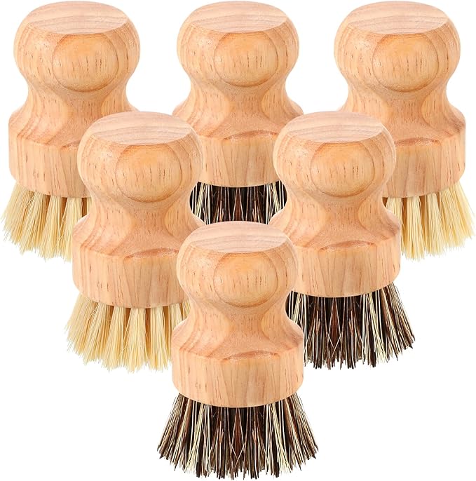 Nuenen 6 Packs Bamboo Dish Scrub Brushes Wooden Scrubbers Set Kitchen Dishwashing Scrubber with Natural Sisal Bristles for Iron Pot Pan Sink (Sisal and Coconut Palm)
