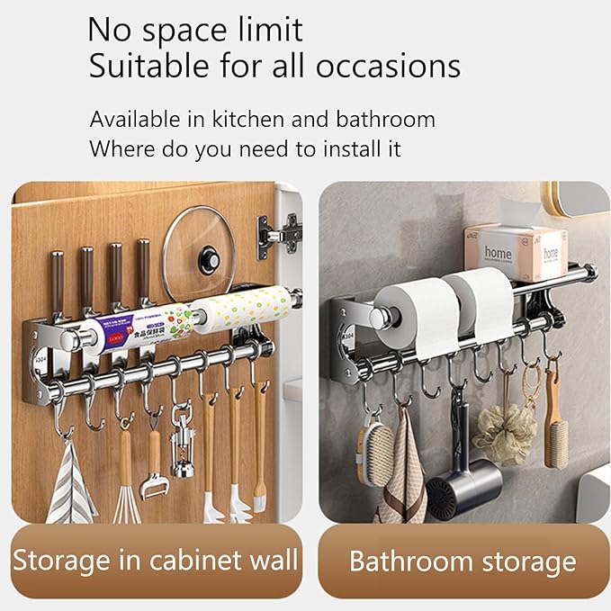 Hanging Wall Mount knife Wall Mount, Space-Saving Knife Rack with Hooks, Kitchen Organizer Storage Shelf for Utensils Spatula Spoon, Kitchen Utensil Hanger (Black, 50CM+10Hooks)