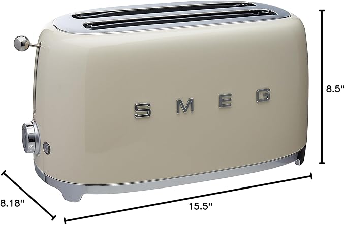 SMEG TSF02 4-Slice Toaster, 50s Retro Style, 2 Extra-Wide Long Slots, Bagel Defrost Reheat Functions, Stainless Steel - Cream
