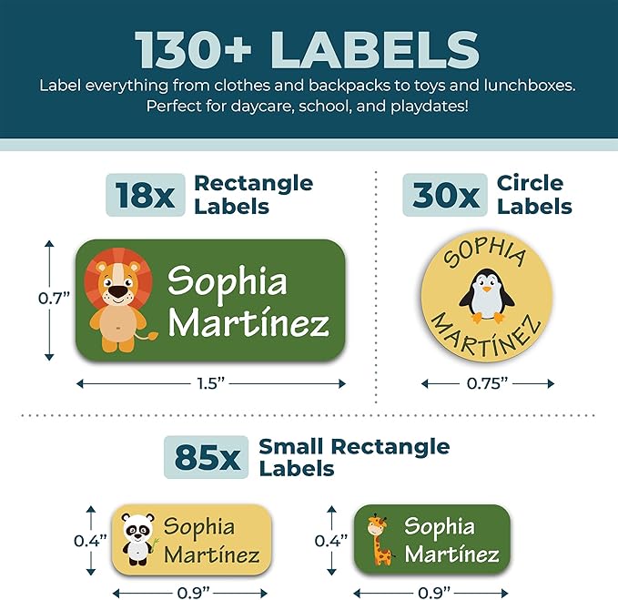 Personalized Daycare Name Labels for Kids (130 Labels) - Custom Waterproof Name Stickers for Clothing Tags, Water Bottles, Lunch Boxes and School Supplies (Animals)