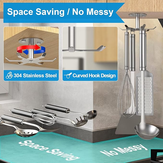 2pcs Under Cabinet Hooks Rotating Kitchen Utensil Holder 304 Stainless Steel Adhesive Utensil Hanging Rack for Kitchen Utensils/Tools/Towel/Knife(2, Brushed Nickel)…