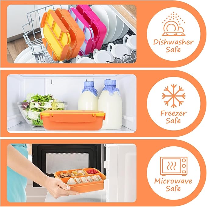 QQKO Bento Box for Kids Adults, School Toddler Lunch Box for Boys Girls, Lunch Box Containers with 4 Compartments, Sauce Container, Utensils, Food Picks and Muffin Cups for School, Orange Yellow