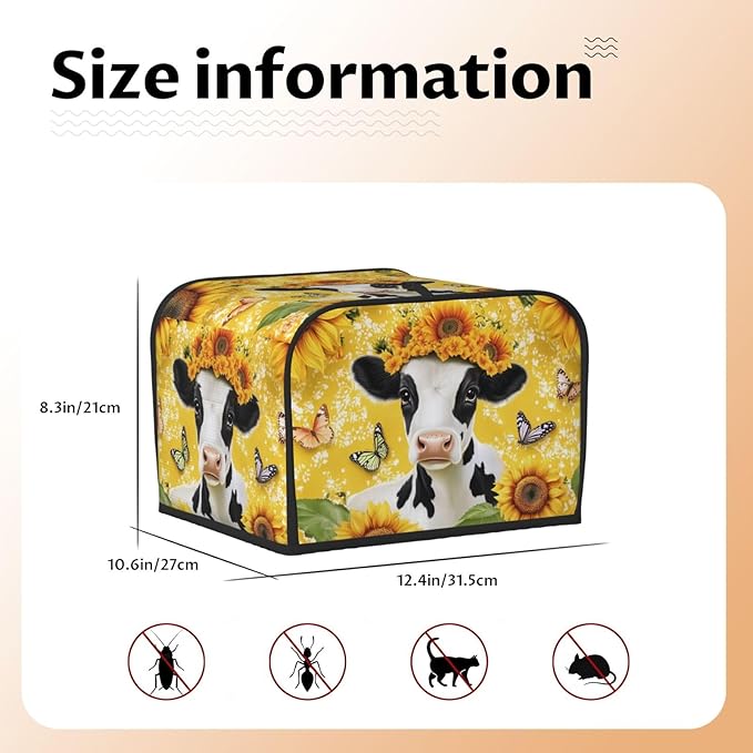 Cow with Sunflower Covers for Toasters 4 Slice,Cute Funny Bread Machine Cover with Handle,Washable Stain Resistant Kitchen Small Appliance Cover Dining Decor
