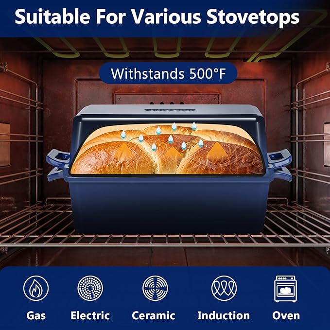 Wildone 2 in 1 Enameled Cast Iron Bread Pan with Lid, 9x5 Loaf Pans for Homemade Sourdough Bread, Cake, Meatloaf, Even Heating Bread Dutch Oven, Navy Blue