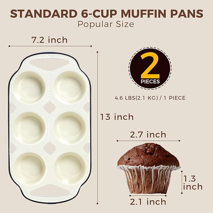 HONGBAKE Everline Collection Enameled Cast Iron Muffin Pan, Non Tocix Naturally Muffin Tin 6, Non Stick Cup Cake Pans for Baking, Oven & Stovetop Safe, Standard Size, 2 Pack, Blue