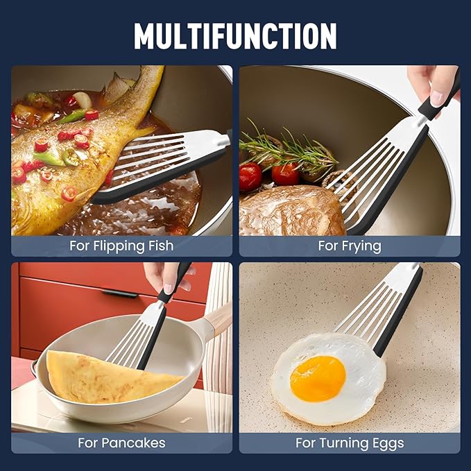 Silicone Fish Spatula Turner Set of 2,2-in-1 Heat Resistant Silicone Slotted Fish Spatulas for Nonstick Cookware,Flexible Thin Stainless Steel Slotted Fish Turner Spatula Flipper for Fish,Egg,Pancake