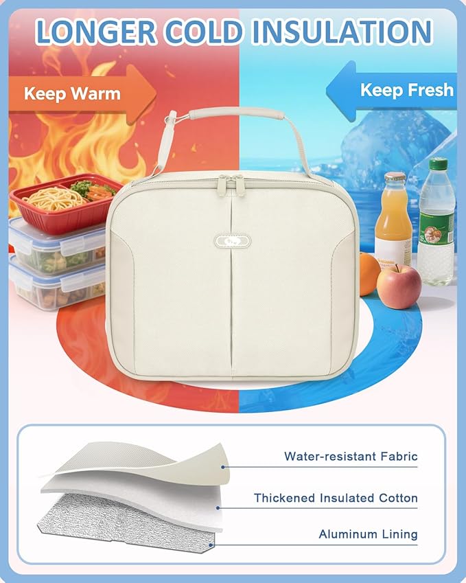 Capolo Insulated Lunch Box for Kids, Cute Thermal Lunch Bag for School, Reusable Lunch Tote for Boys and Girls, Durable Cooler Bag with Easy Grab Handle, Lightweight and Easy to Clean Meal Bag,beige