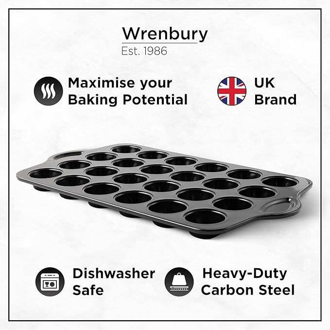 Wrenbury Mini Muffin Pan Non Toxic Set of 2 - Non Stick 24 Cup Small Cupcake Tray for Baking Joyful Bites - Dishwasher Friendly - Health Conscious Baking - 1.8" Cup