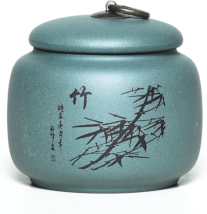 Yixing Clay Jar 17.5 Oz,Zisha Loose Leaf Tea Storage Canister Pot,Keep Bulk Tea Tidy and Fresh -Green, Bamboo