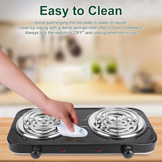 Double Burner Cooktop, 2000W Portable Electric Stove, 5 Level Temperature Control, 6” Heating Coil, Easy to Clean, Power Indicator Lights, Coil Hot Plate for Home Dorm Camping Cooking