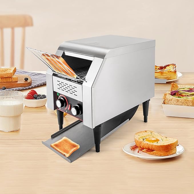 Commercial Conveyor Toaster 1300W, 150 Slices/Hour Stainless Steel Bread Oven with Dual Temp Control & Double Chutes - 7-Speed Adjustable