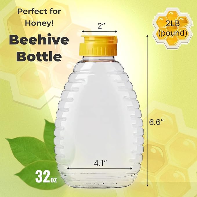 Skywin TidyFriend Honey Bottles 32 oz – 10 Pack Empty Honey Squeeze Bottle with Flip Lid & Seal, Clear Plastic Beehive Design, PET Containers