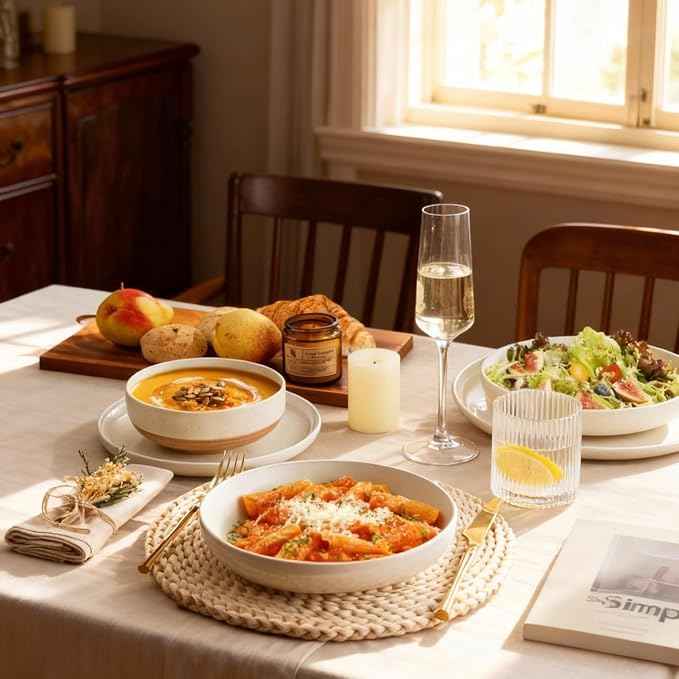 AmorArc Ceramic Dinnerware Sets with Pasta Bowls for 6, Handpainted Plates and Bowls Set with Rustic Terracotta Underside, Scratch Resistant Dishes Set, Dishwasher & Microwave Safe, 24 Pcs