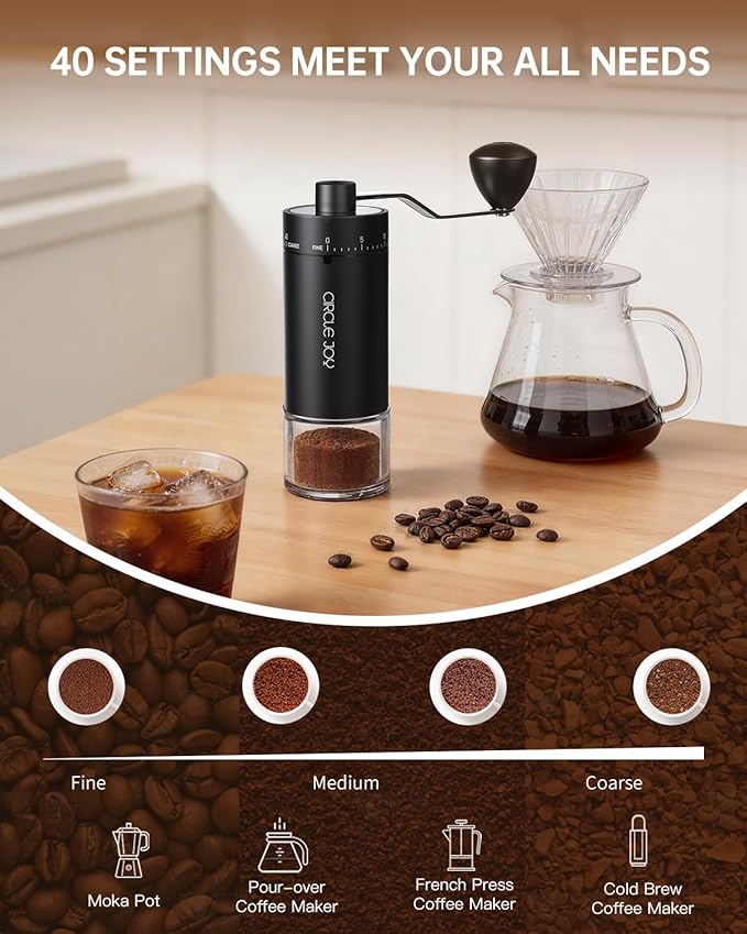 CIRCLE JOY Mini Manual Coffee Grinder with 40 External Adjustable Settings and Ceramic Conical Burr, Portable Stainless Steel Hand Coffee Grinder for Home and Travel