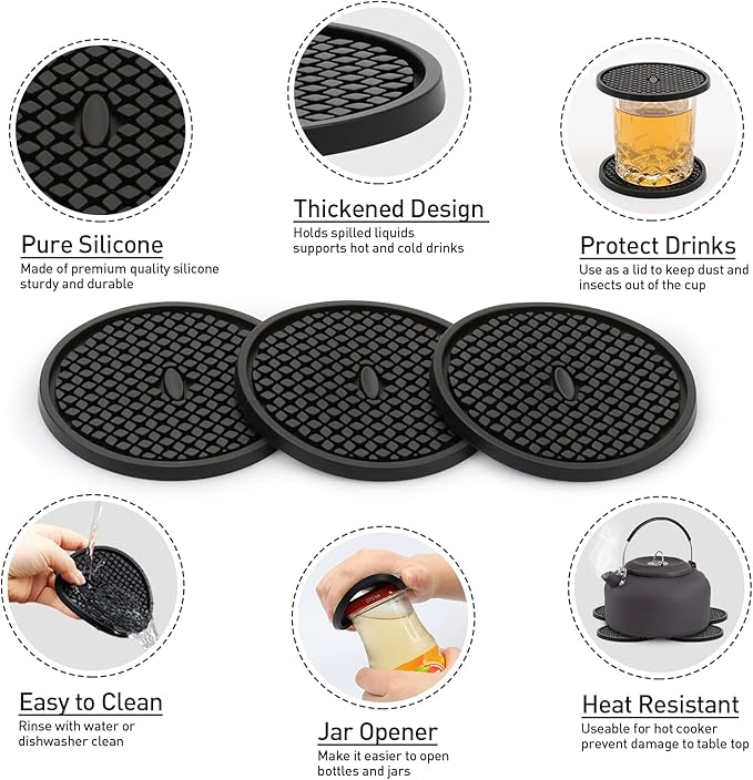 3 Pack Silicone Coasters for Drinks, Thickened Black Coaster with Deep Tray Grooved Design Cup Mat, Washable Heat Resistant Durable Non-Slip Coasters for Coffee Table Wooden Desk Kitchen Bar
