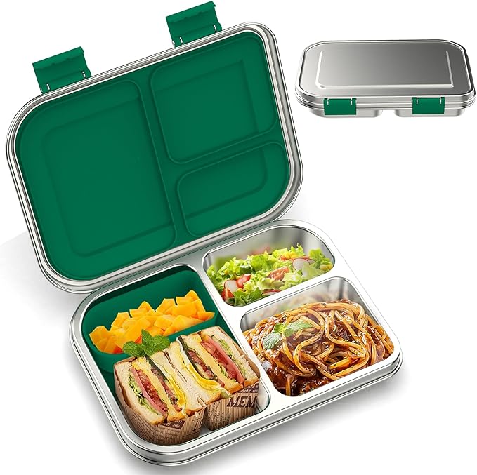 BOSEDSANG Stainless Steel Kids Leak-Resistant Bento Lunch Box, 3-Compartments with Silicone Container, Dishwasher-Safe, Child-Friendly Design for School, Picnics & Travel,BPA-Free (Green)